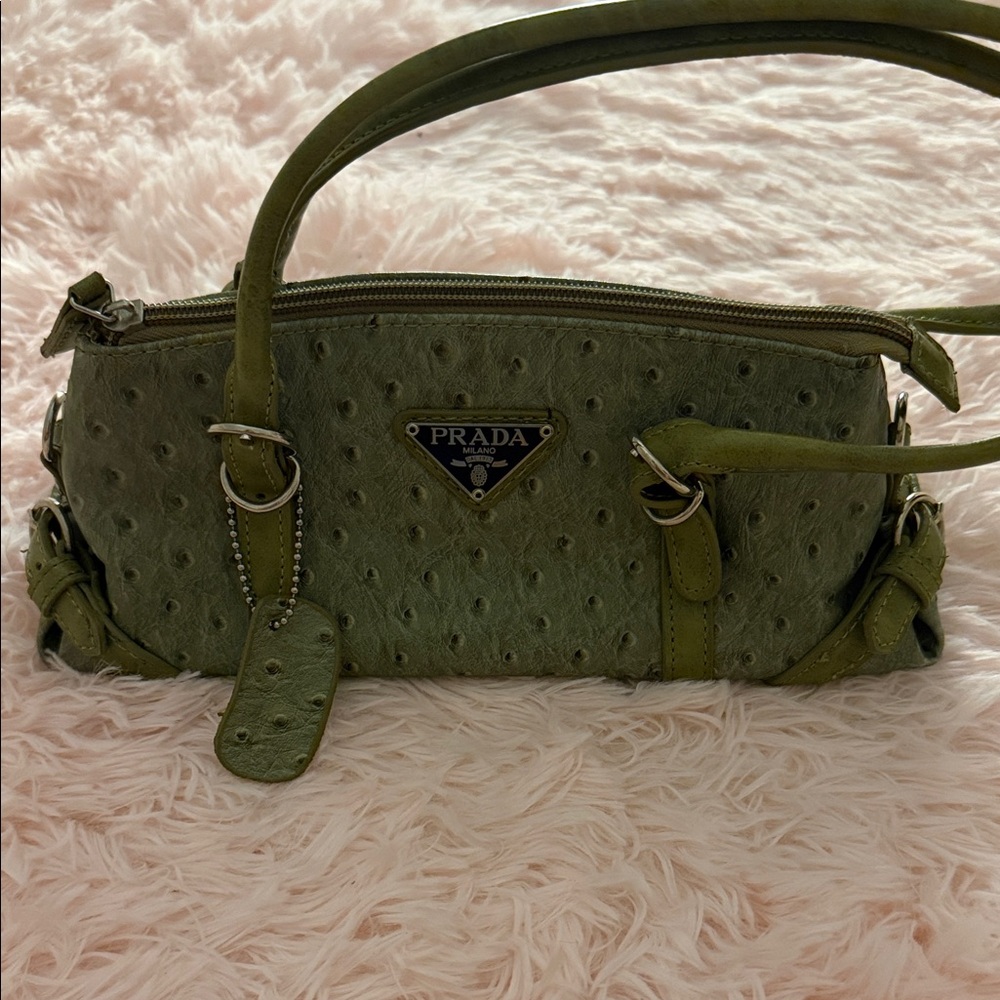 Prada Olive Green Ostrich-Textured Shoulder Bag - Picture 2 of 6